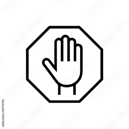 octagon shaped stop sign icon with hand symbol. Concept of restriction or danger. Vector symbol isolated on transparent background.