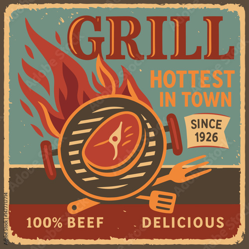 Retro BBQ Poster Design – Fresh Beef Steak with Grilling and Vintage Style