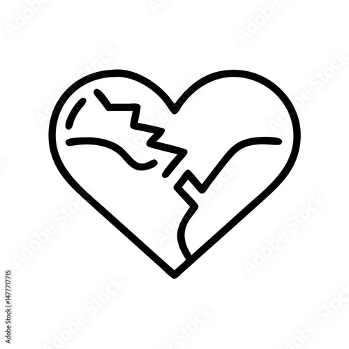 Broken heart line vector icon on transparent background depicting heartbreak, sadness, separation, valentine symbol for web, app design, digital asset for relationship concepts