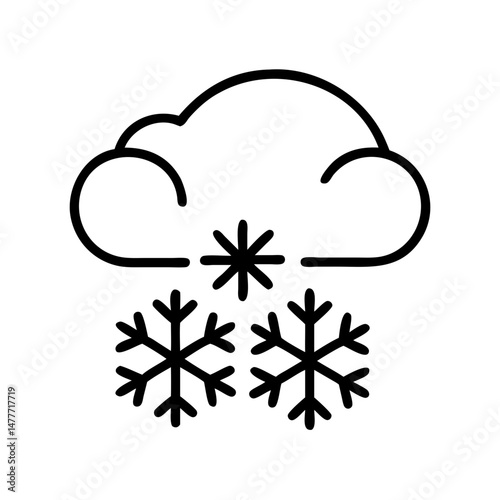 Snow falling from a cloud on transparent background. Simple icon illustrating weather of snow. Winter season precipitation symbol for forecast and climate maps.