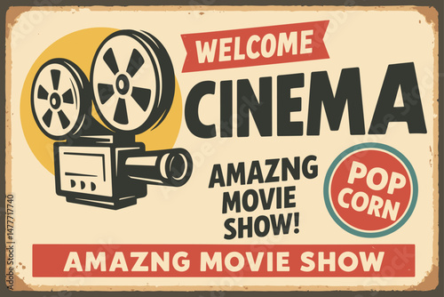 Retro Cinema Advertisement – Vintage Film Projector and Typography on Old Metal Background