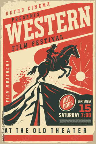 Western Movie Poster – Cowboy Riding Horse in Arizona Landscape with Wild West Sunset Illustration