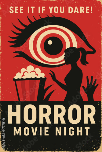 Horror Movie Poster – Scary Eye and Bloody Razor Blade Retro Vector Illustration
