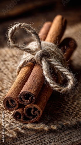 Close-Up of Rustic Cinnamon Stick Bundle Tied with Twine on Wooden Background
