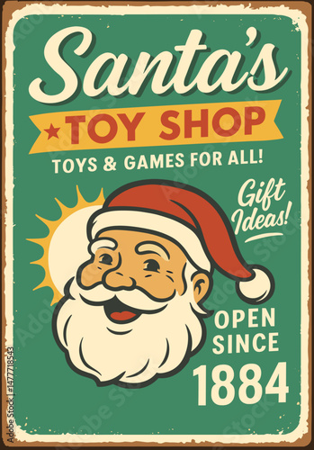 Santa's Workshop Vintage Metal Sign – Retro Christmas Poster with Cartoon Santa for Gift Store Display