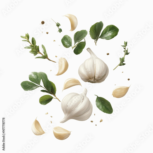 Fresh Garlic Cloves and Herbs Floating on Brown Transparent background