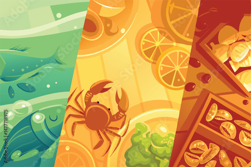 Create a vibrant, flat-vector illustration of a crowded, bustling seafood restaurant showcasing diverse dishes, happy customers, and busy waiters.  Focus on lively atmosphere.
