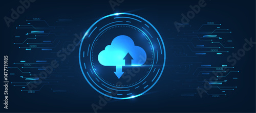cloud computing data uploading concept, cloud icon with futuristic modern cyber background