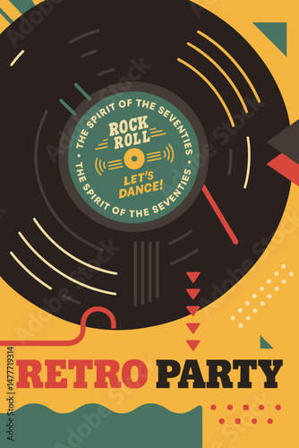 Vinyl Record Retro Party Poster Design. 70s Music Event Flyer Template.