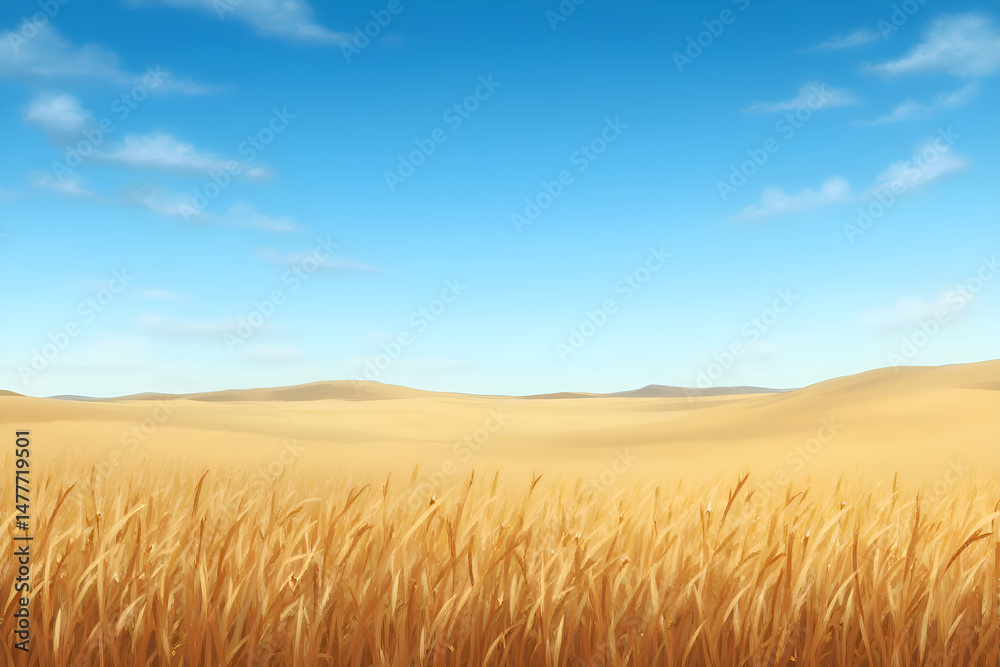 Obraz premium Landscape with wheat fields under blue sky