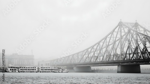 disappearing into dense fog over a still river