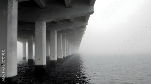 disappearing into dense fog over a still river