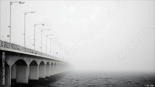 disappearing into dense fog over a still river