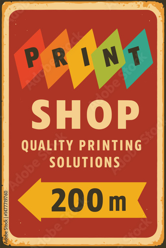 Retro Advertising Sign for Printing Service – Colorful Vector Poster Design on Vintage Metal Background