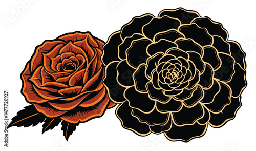 Dual Bloom Elegance: Two meticulously crafted floral blossoms, rendered with striking contrasts and intricate details, stand as symbols of nature's beauty and design.