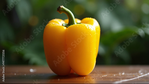 A vibrant yellow bell pepper with water droplets, on a wooden table. It's a close-up image with a soft green background and a shallow depth of field, highlighting the pepper's texture and colors.
