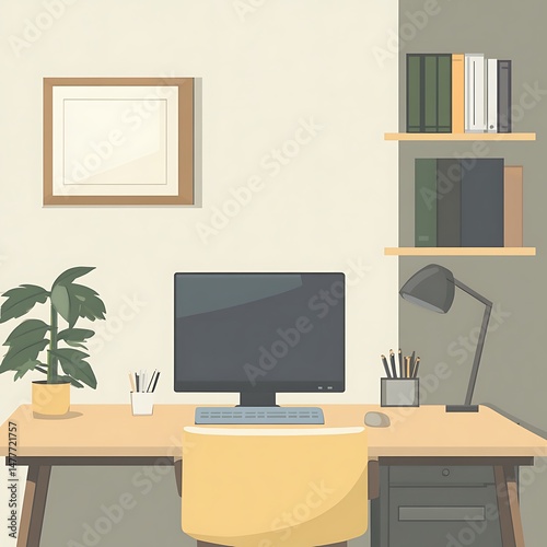 Desk with Monitor and Accessories: A workspace featuring a computer monitor, desk, and various accessories, creating a functional and organized environment.