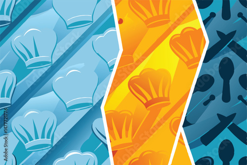 Create a bold vector graphic featuring a repeating pattern of chef hats and various cooking utensils.  Design should be clean and easily scalable.