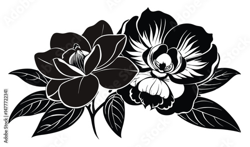 Black and white elegant flowers: A minimalist black and white illustration of exquisite flowers and leaves, showcasing the delicate beauty and elegant curves.