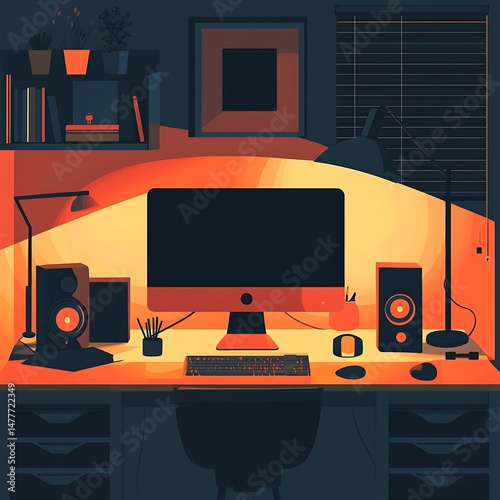 Home Office Ambiance: A modern home office setup, illuminated by warm light, showcasing the essentials for productivity and creativity: a sleek computer, speakers.