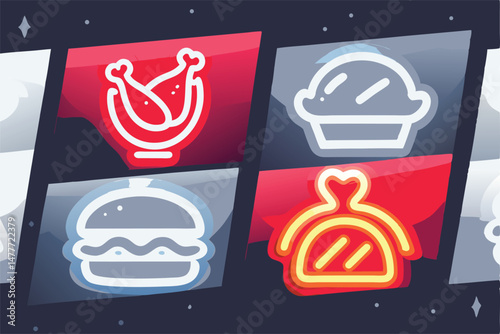 Vibrant neon food signs illuminate a bustling restaurant's exterior at night, showcasing diverse menu items in a stylized setting.