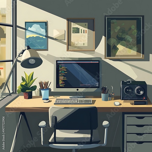 Elegant workspace design: Sunlit workspace captures a stylish setting with computer, artwork, and a window view.