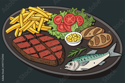 Create a vibrant vector pattern featuring a delicious restaurant food platter, emphasizing a juicy steak, french fries, and other appetizing items.