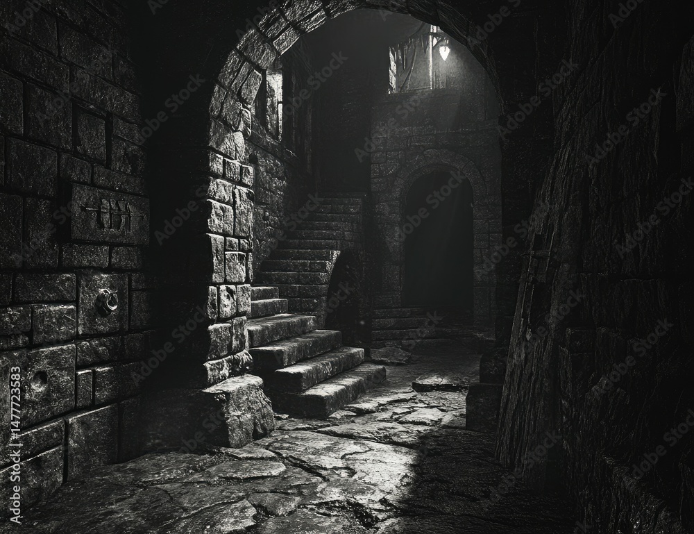 Fototapeta premium Dark Stone Staircase with Medieval Castle.