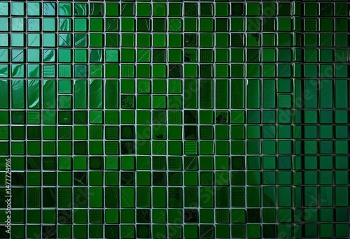 Dark green mosaic mirror tiles, grunge texture, abstract square pattern, blank space,  green mosaic, pattern