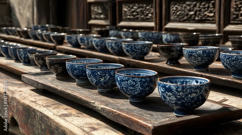 ceremony setting with hand-painted porcelain and wooden trays