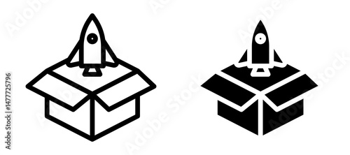 Product release icon in black modern and lines and solid