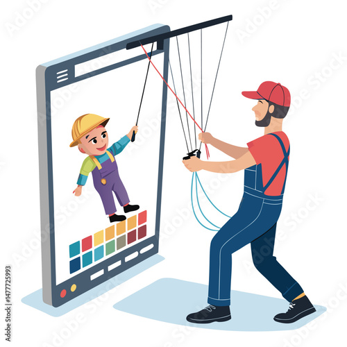 A 3D animator meticulously manipulates a colorful digital puppet rig on a computer screen, showcasing advanced animation software.