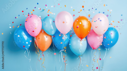Colorful balloons against blue backdrop with falling confetti. Pink, orange, and white with ribbons arranged in festive bunch. Perfect party decoration elements for birthday, anniversary, celebration