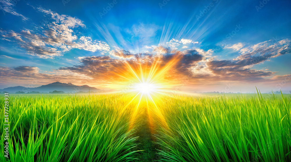 Obraz premium Sunrise over green rice paddy field with golden sunrays bursting through clouds. Vibrant blue sky above rural farm landscape with mountains on horizon. Morning fog lingers peaceful agricultural