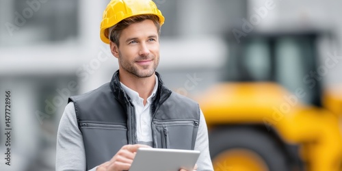 A male construction worker wearing a yellow hard hat and gray vest uses a tablet outdoors, with a yellow construction vehicle blurred in the background.