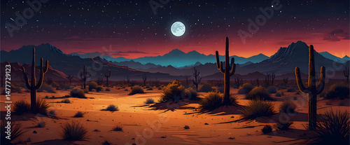  flat illustration a vibrant desert landscape at night