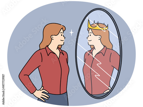 ambitious woman looks in mirror and sees own reflection with crown symbolizing success