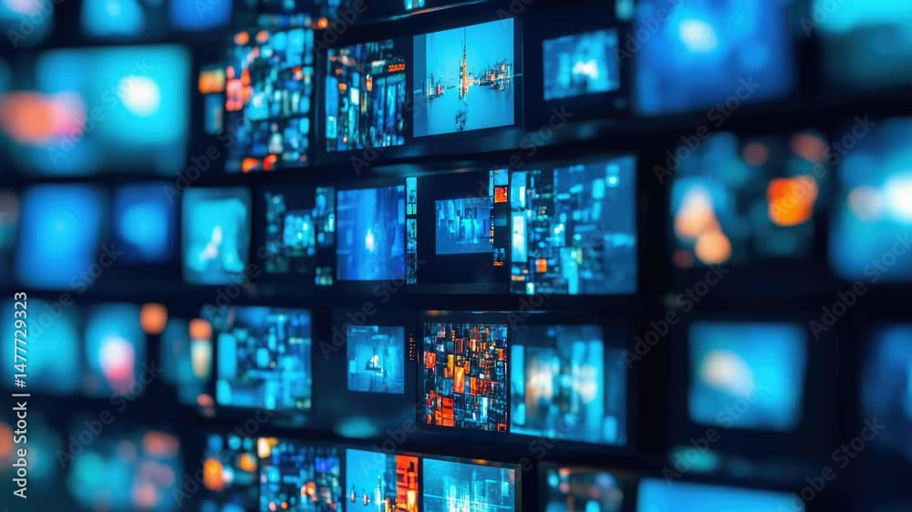A wall of TVs showing various images and scenes