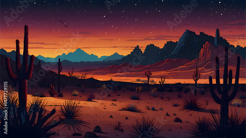flat illustration A vibrant desert landscape at night