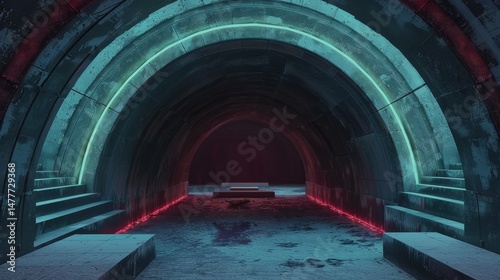 Futuristic arched tunnel with neon lighting, dark and mysterious ambiance.