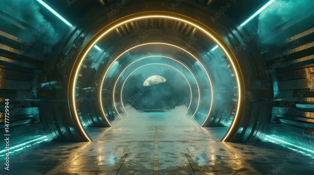 Fototapeta premium Futuristic sci-fi corridor with neon lights and a view of the moon.