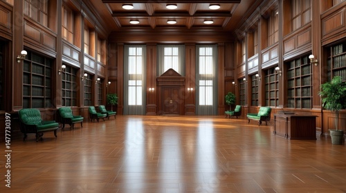 Classic room with green chairs wood paneling and bookshelves filled with books