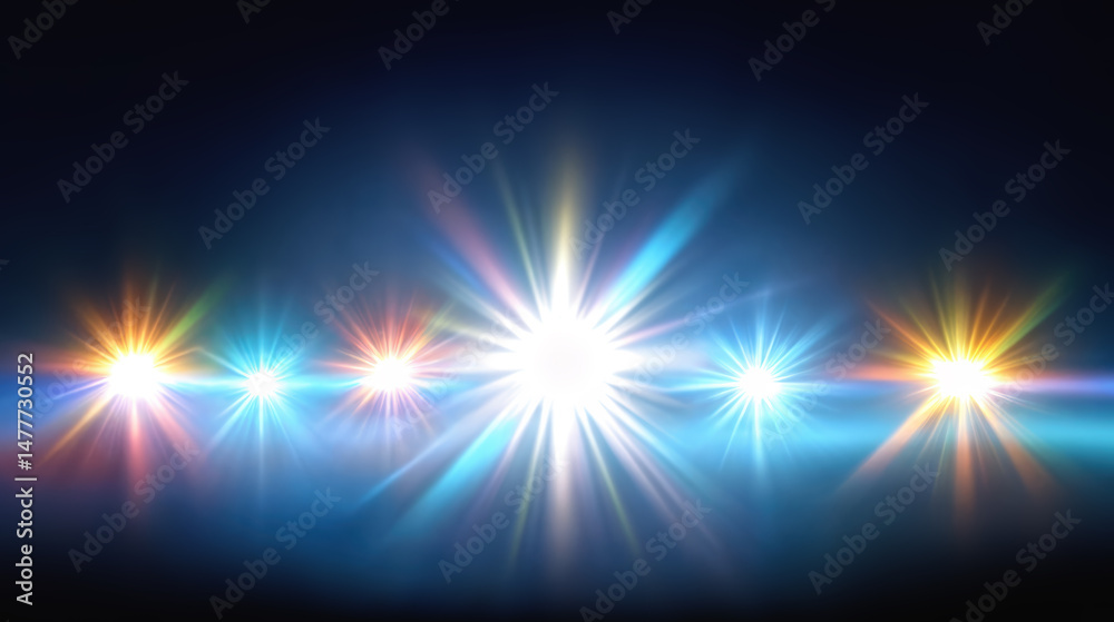 Obraz premium Colorful light bursts with bright glowing flares against dark blue background. Abstract luminous star rays radiant beams. Vibrant spectrum of shimmering lens with intense illumination and ethereal