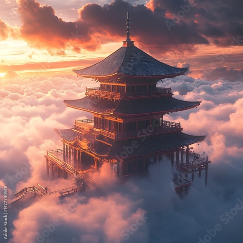 Pagoda in the Clouds: A majestic pagoda floats amidst a sea of clouds, bathed in the warm hues of the sunset, a picture of tranquility. 