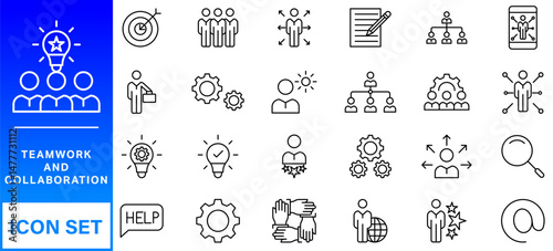 Teamwork and collaboration icon set. Thin line editable stroke icons for teams, leadership, meetings, project management, brainstorming, team growth, support, partnership and remote work.