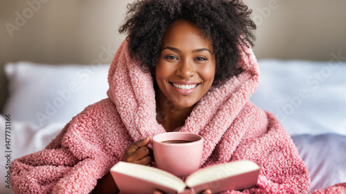 Cozy woman with afro curls wrapped in pink fluffy bathrobe, smiling while reading book and drinking from matching mug. Relaxation selfcare moment with comfort and warmth in peaceful bedroom. Weekend