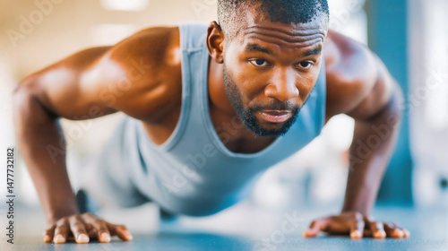 Fitness athlete performing pushup with intense focus and determination. Muscular man in training workout strength and endurance during bodyweight exercise. Physical conditioning with proper form