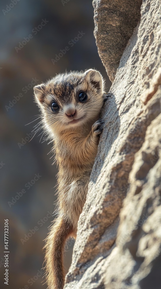 Fototapeta premium Curious Bush Baby Peeks Out From Rocky Crevice, Wild African Habitat
