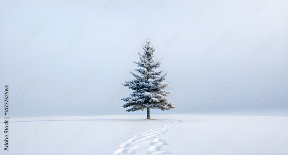 Fototapeta premium Solitary SnowDusted Fir Tree Standing Tall in a Vast White Winter Landscape