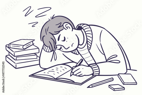 Sketch style doodle of Funny tired bored young college university student sleeping sitting at library desk